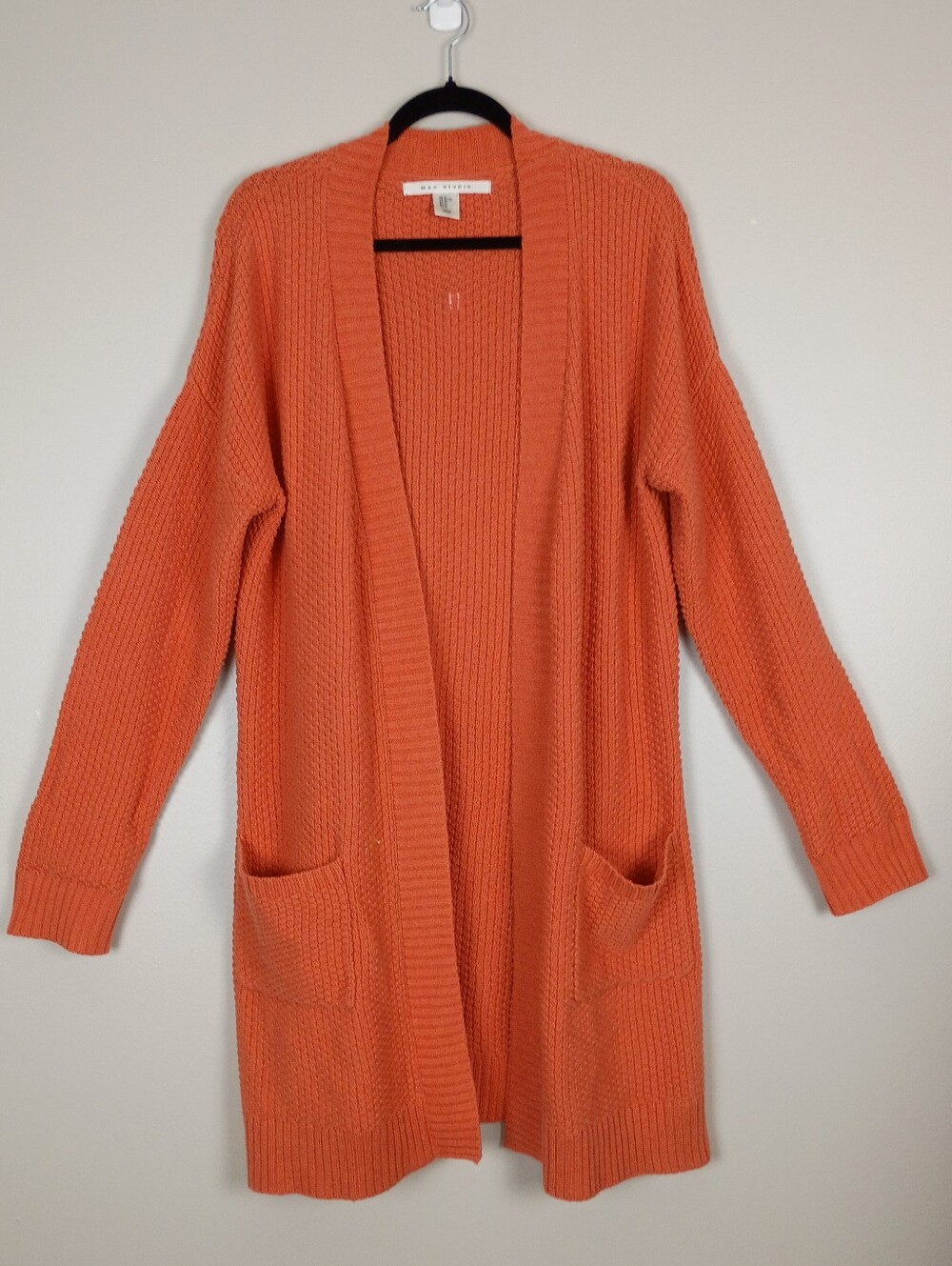 Max Studio Orange Knit Longline Cardigan Sweater Womens XL Open Front Pockets